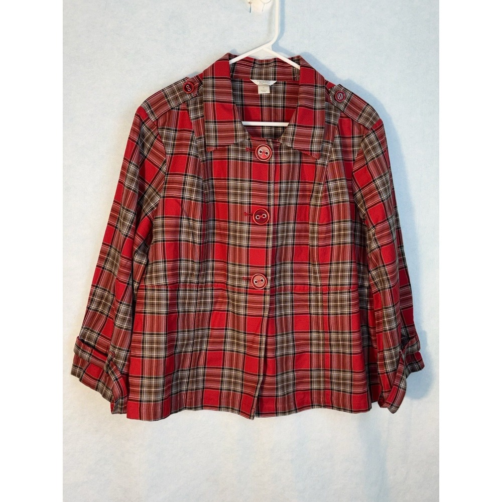 CHRISTOPHER & BANKS Red Plaid Blazer Jacket Women's X Large 3/4 Sleeve Button